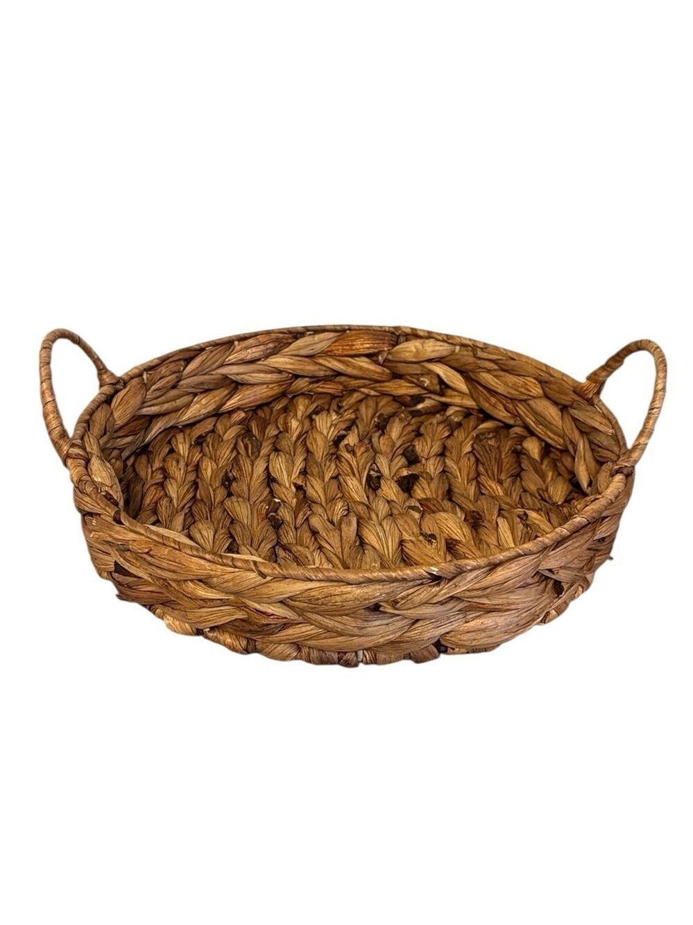 Round Arrow Weave Woven Serving Tray Basket Handles Handmade Brown